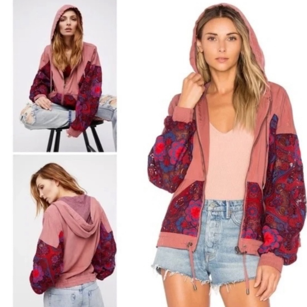 Free People Embroidered Crochet Lace Magpie Oversize Lacey Rose Pink Jacket